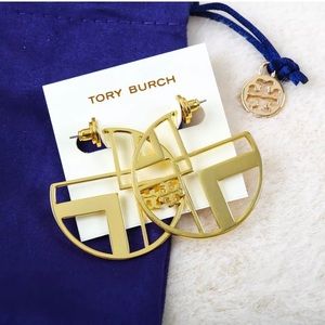New Auth Tory Burch Gold Tone Geometric Logo Hoop